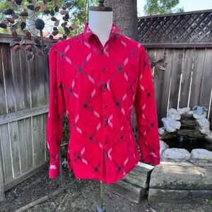 De Niko Button Down Long Sleeve Dress Shirt Red Geometric Pattern Men's XL